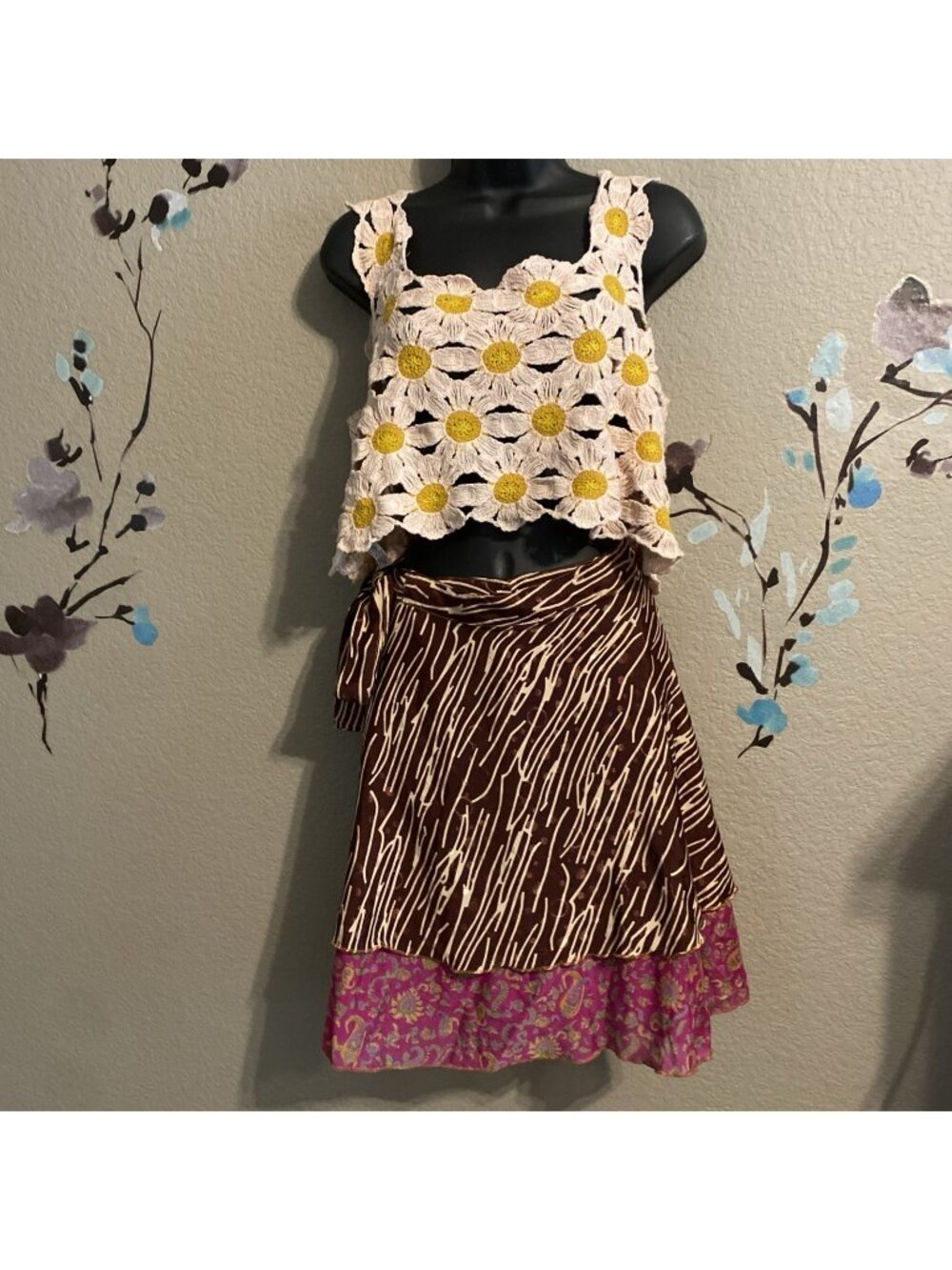 Boho Wrap Skirt Animal Floral Paisley Xs  Satin Double Line Patchwork